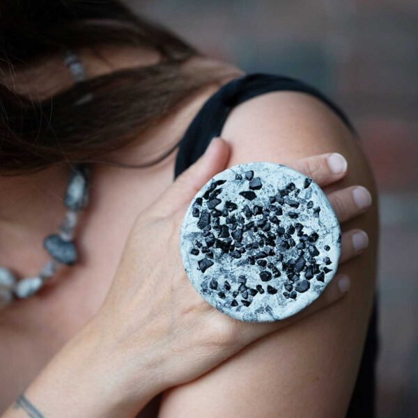 Oversized Sculpted with Black Glass Ring. Size 8.